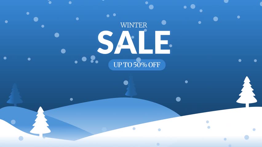 Winter Sale Up To 50% Off Animated Background. Seasonal Holiday Discount Promotion, E-commerce Marketing, Falling Snow Loop.