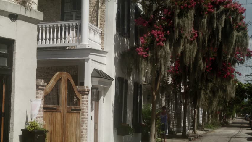 A woman walks along a tree lined street in downtown Charleston SC passing historic homes and lush foliage on a warm summer day.
