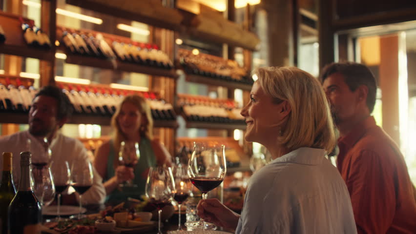 Friends enjoy a private wine tasting experience in a sophisticated room, guided by a sommelier. They savor fine wines and learn about viticulture, making for a memorable and educational gathering.