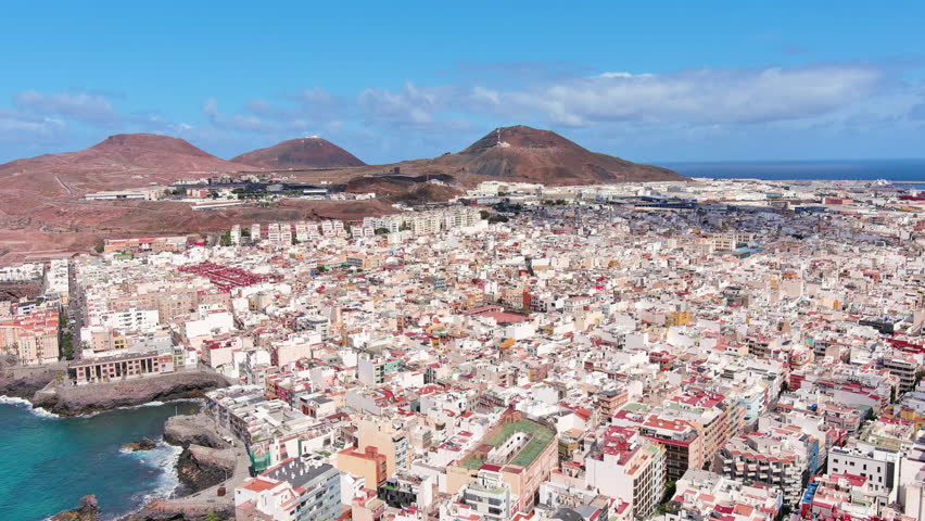 Las Palmas de Gran Canaria, Canary Islands, Spain: Aerial view of one of capital cities of Canary Islands in summer - landscape panorama of  Atlantic Ocean islands from above