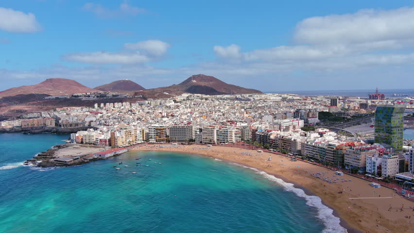 Las Palmas de Gran Canaria, Canary Islands, Spain: Aerial view of one of capital cities of Canary Islands, famous beach Playa de Las Canteras - landscape panorama of  Atlantic Ocean islands from above
