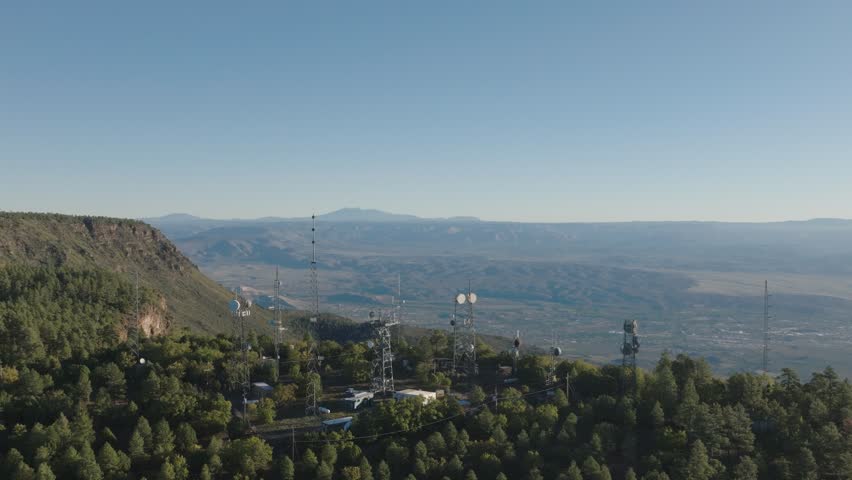 Aerial Drone View of Mingus Mountain Broadcast Towers Overlooking the Verde Valley and Distant Mountains