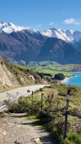 Scenic Lake Hawea drive along mountain views on Highway 6, New Zealand