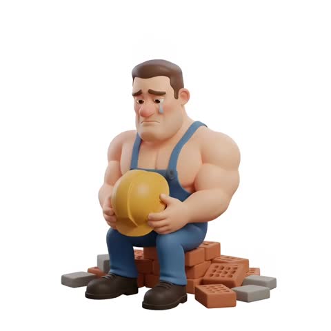 3D builder taking a lunch break while surrounded by bricks, enjoying a packed meal. Great for workplace safety, labor appreciation content, and industrial storytelling.