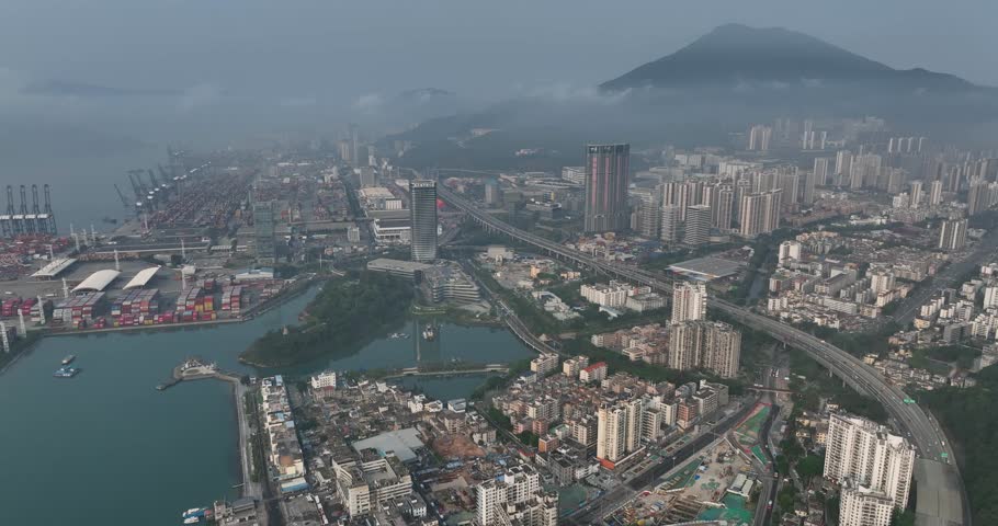 Shenzhen ,China - April 12, 2024: Aerial footage of Yantian international container terminal in Shenzhen city, China
