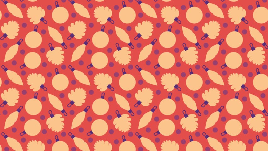 Seamless vector christmas video  pattern with yellow ornaments and decorations on red background with purple circles. Could be used as wallpaper or background for any content, loops continuously. 