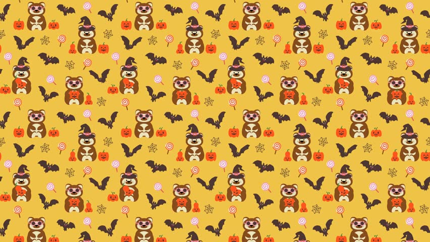 Seamless vector pattern video with funky bears and bats and halloween ornaments on yellow background. Could be used as wallpaper or background for any content, loops continuously. 
