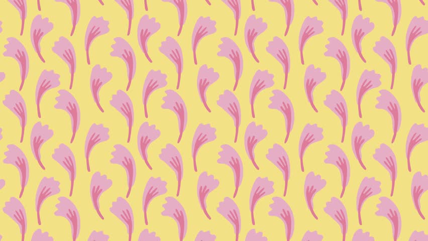 Seamless vector floral pattern video with botanical ornament: abstract pink flowers or leaves on yellow background. Could be used as wallpaper or background for any content, loops continuously. 