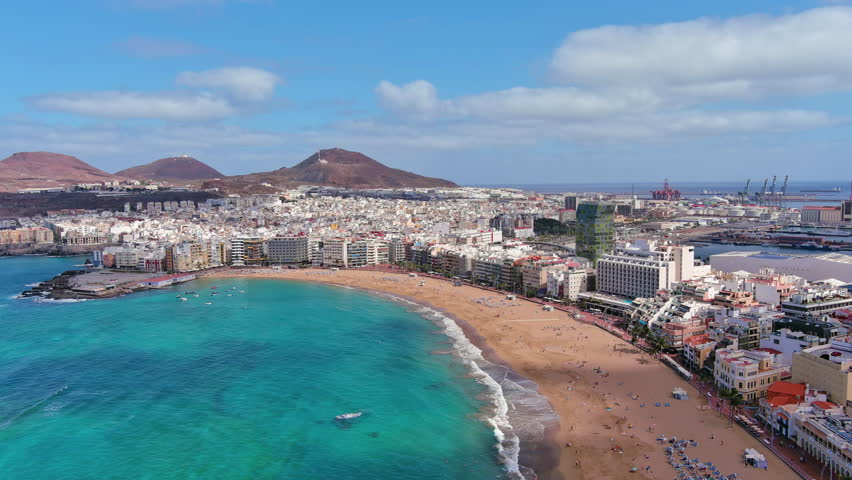 Las Palmas de Gran Canaria, Canary Islands, Spain: Aerial view of one of capital cities of Canary Islands, famous beach Playa de Las Canteras - landscape panorama of  Atlantic Ocean islands from above