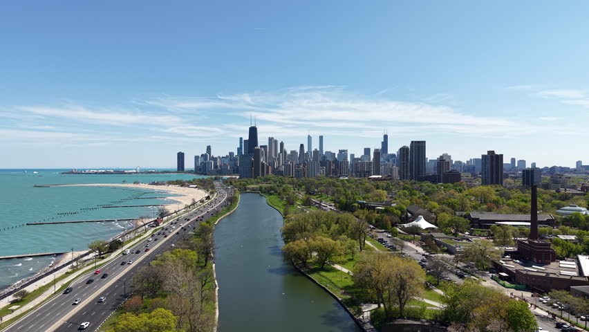 Chicago USA Skyline, Drone Shot of Downtown Buildings From North, Lake Michigan and Traffic on Lake Shore Drive