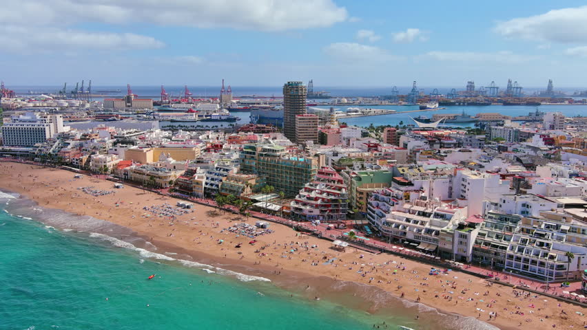 Las Palmas de Gran Canaria, Canary Islands, Spain: Aerial view of one of capital cities of Canary Islands, famous beach Playa de Las Canteras - landscape panorama of  Atlantic Ocean islands from above