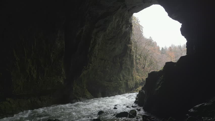 Wild Rak river flowing through Weaver Cave in Rakov Skocjan, Slovenia