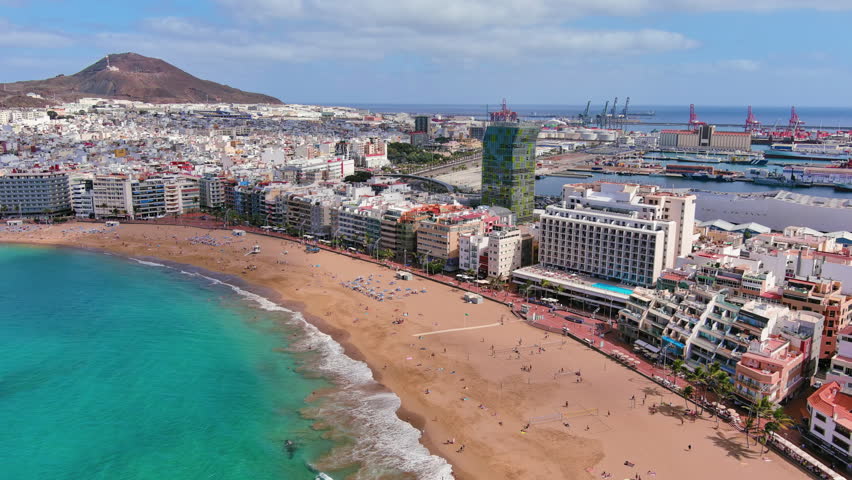 Las Palmas de Gran Canaria, Canary Islands, Spain: Aerial view of one of capital cities of Canary Islands, famous beach Playa de Las Canteras - landscape panorama of  Atlantic Ocean islands from above