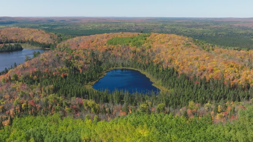 Aerial View of Lake Agnes Nestled in Colorful Fall Forest Lutsen Minnesota