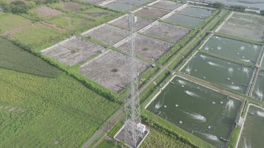 Aerial View of a Communication Tower Surrounded by Aquaculture and Agricultural Lands