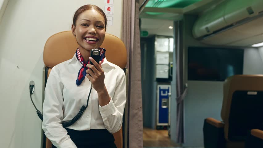Flight attendant hold microphone while making announcements communicating passengers speak plane welcome passengers gives safety instructions and facilitates them throughout the journey with pleasure.