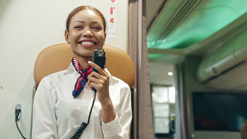 Flight attendant hold microphone while making announcements communicating passengers speak plane welcome passengers gives safety instructions and facilitates them throughout the journey with pleasure.