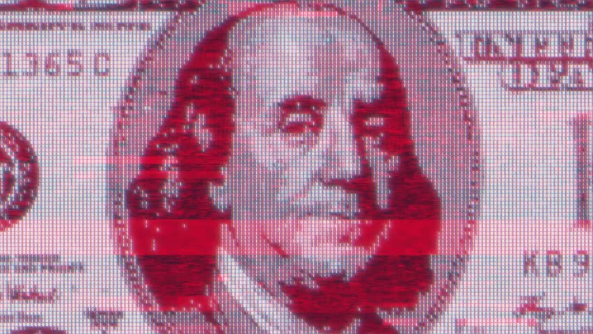 Glitch Dollar Apocalypse. Digital 100 Dollars Bill. Macro Footage of Corrupted Currency, Illuminati Pyramid. Conspiracy Theories, Dark Finance, All Seeing Eye, Finance Control, Cyber Money CBDC intro