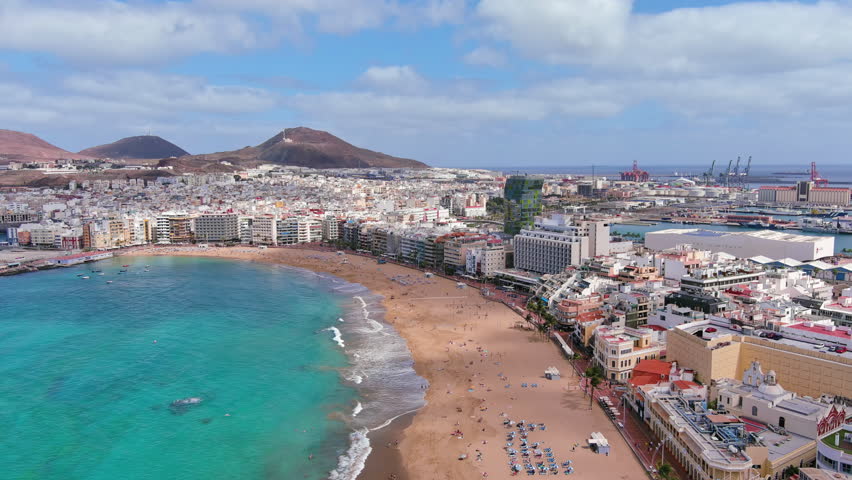 Las Palmas de Gran Canaria, Canary Islands, Spain: Aerial view of one of capital cities of Canary Islands, famous beach Playa de Las Canteras - landscape panorama of  Atlantic Ocean islands from above