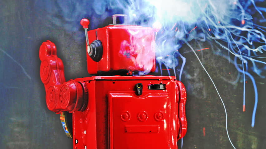 retro red robot spinning with smoke coming out of its head 