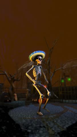 Seamless vertical video mexican sugar skeleton dancing salsa in a graveyard. Funny Halloween vertical video.