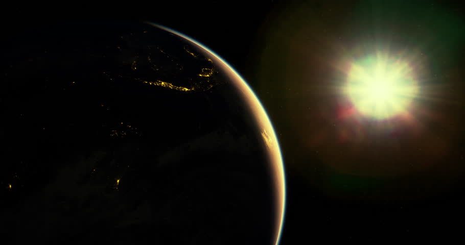 Bright sunlight breaks over the horizon as Earth is showcased from space. The planet glows softly with city lights, while the sun radiates brilliance, marking a new day.