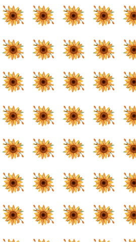 A cozy vertical motion graphic featuring a dense, repeating pattern of tightly clustered small watercolor sunflowers, conveying warmth and natural abundance for textile product stories.