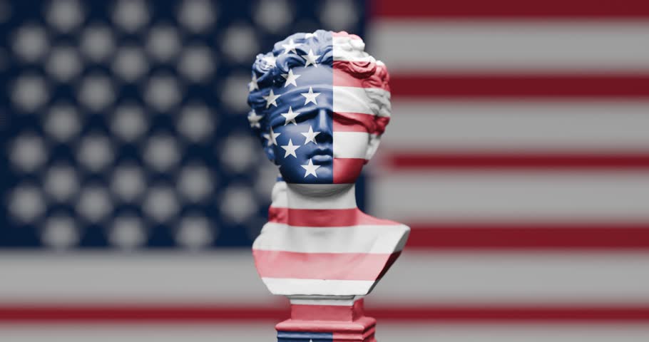 3D rendering of Lady Justice blinded bust. Original model. Fair woman allegory symbole of law and justice. American flag projected. US flag in the background.