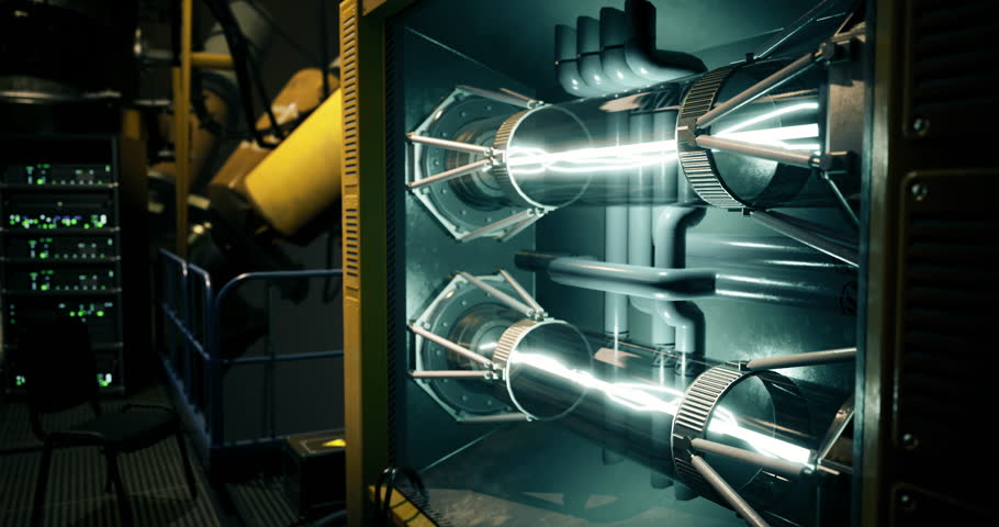 A high tech energy generator displays bright, electric arcs in an advanced industrial facility. The intricate design and glowing elements highlight cutting edge technology at work.