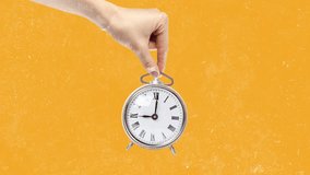 Hand holding a vintage alarm clock against a bright orange background in a creative time-themed presentation - Powered by Shutterstock - Get 15% off with code: PIKWIZARD15