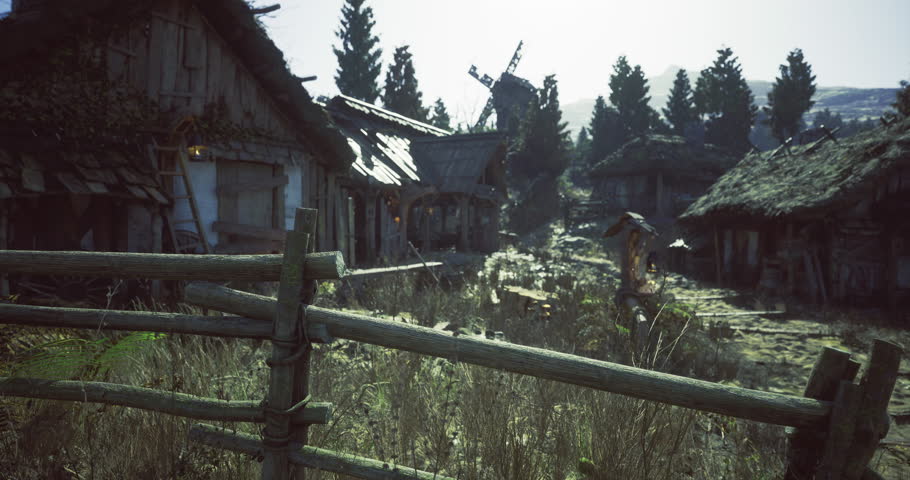 A serene village path features old wooden houses and a windmill surrounded by tall trees. Morning light casts a peaceful glow, enhancing the rustic charm of the countryside.