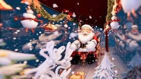 Cheerful Santa Claus rides a decorated sleigh through a snowy winter scene with festive garlands, bells, snowmen, and wrapped gifts, spreading holiday joy. - Powered by Shutterstock - Get 15% off with code: PIKWIZARD15