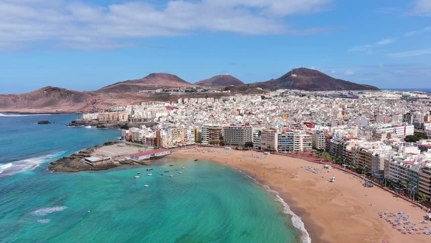 Las Palmas de Gran Canaria, Canary Islands, Spain: Aerial view of one of capital cities of Canary Islands, famous beach Playa de Las Canteras - landscape panorama of  Atlantic Ocean islands from above