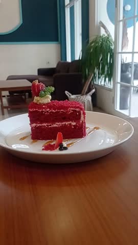 a slice of red velvet cake with white cream frosting on a white plate