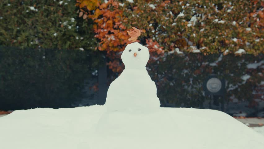 A small snow sculpture made by children, a tiny snowman with yellow leaves for eyes and a mouth, and a single yellow wooden leaf on its head.