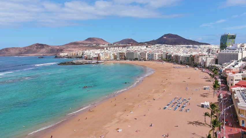 Las Palmas de Gran Canaria, Canary Islands, Spain: Aerial view of one of capital cities of Canary Islands, famous beach Playa de Las Canteras - landscape panorama of  Atlantic Ocean islands from above