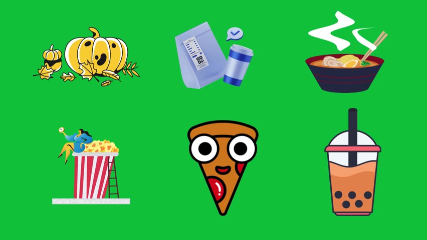 A vibrant collection of diverse food and drink icons and illustrations presented on a solid green background. The set includes autumn pumpkins and leaves, a delivery package with a coffee cup, a steaming bowl of ramen, a person with a large bucket of popcorn, a fun pizza slice character, and a refreshing bubble tea. This versatile graphic represents various aspects of dining, snacks, beverages, and seasonal treats, perfect for menus, apps, or promotional materials.