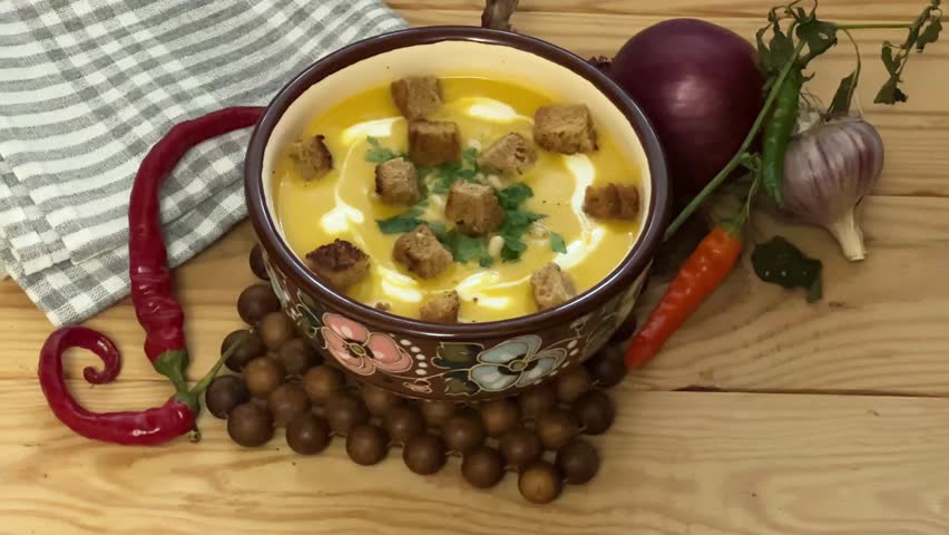 Serving of soup-puree made with butternut pumpkin and red lentil, seasoned with sour cream, diced croutons and fresh chopped greens in the ceramic bowl, view while panning
