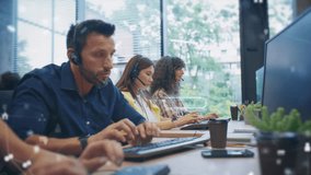 Team of support workers wearing headsets handling customer calls in bright office. Mixed group typing on keyboards while digital interface elements floating around busy workstation area. - Powered by Shutterstock - Get 15% off with code: PIKWIZARD15