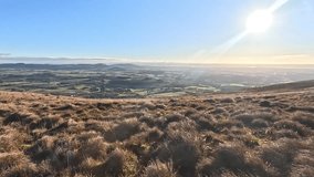 Panoramic landscape from hillwalking path in Glendevon hills, Scotland featuring moorland slopes, distant reservoirs, bare trees, and wide open terrain under cold winter skies. - Powered by Shutterstock - Get 15% off with code: PIKWIZARD15