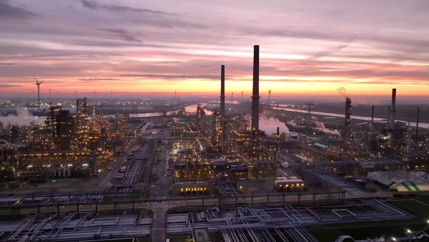 Aerial view of chemical plant at sunset. Drone shot. Billowing steam from smoke stack filling sky. Smoking chimneys from factory. Chimneys of big oil refinery at sunrise polluting environment. Night