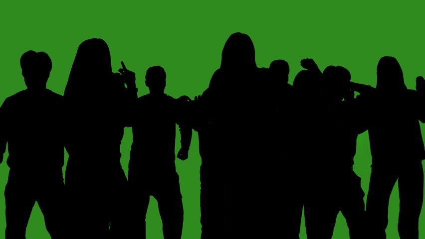 Black isolated silhouettes of people dancing cheerfully on a green chroma key background