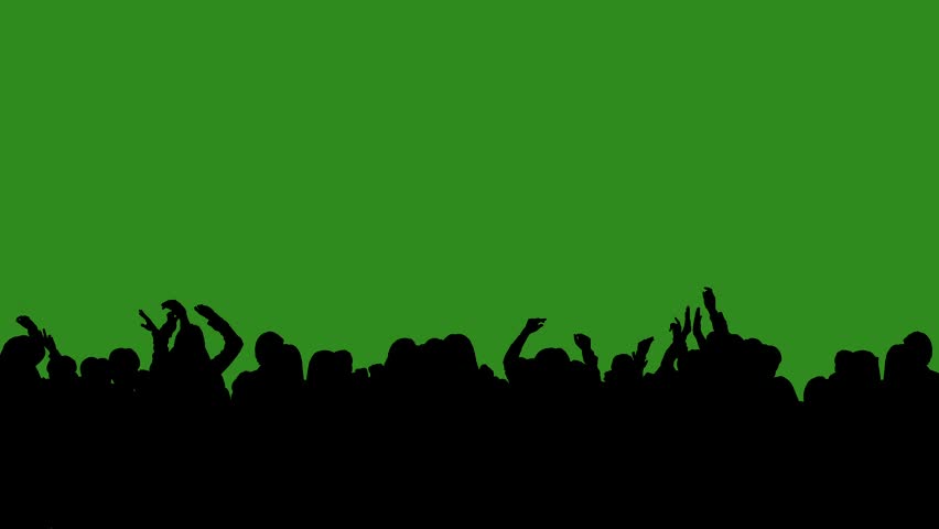 Black isolated silhouettes of people dancing cheerfully on a green chroma key background