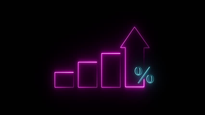 neon growth chart, symbolizing business success, financial growth, and positive economic trends. A percentage symbol is also included, indicating a rate of change or growth. 