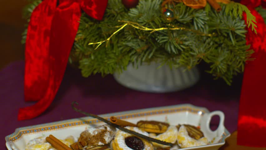 Top-Down Pan over Christmas Cookie Plate – Holiday Food