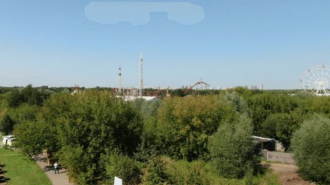 Aerial View of Skazka Amusement Park and Moscow City Skyline