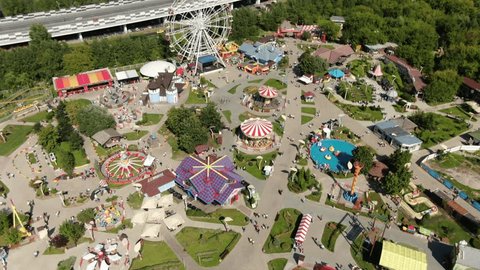 Aerial View of Skazka Amusement Park and Moscow City Skyline