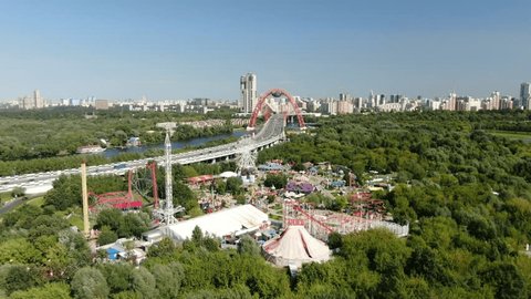 Aerial View of Skazka Amusement Park and Moscow City Skyline