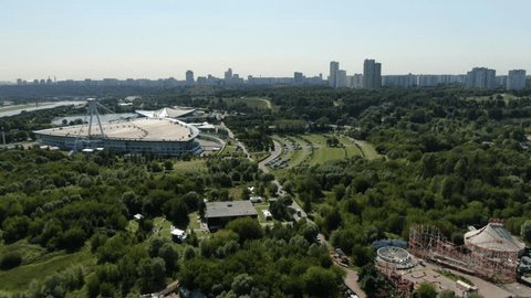 Aerial Drone View of Stadium and Green Landscape in Moscow