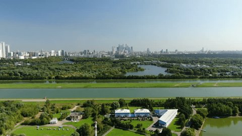 Aerial View of Rowing Canal and Moscow City Skyline